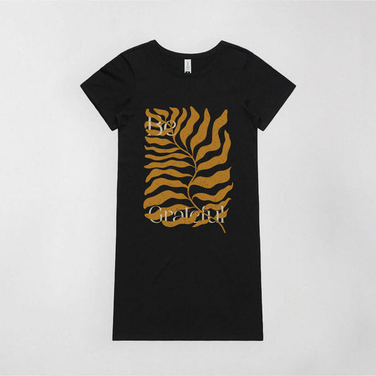 Not Roses - Be Grateful T-shirt Dress (black). Front view.