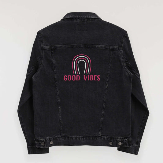 Good Vibes Denim Jacket - White and Pink Stitch